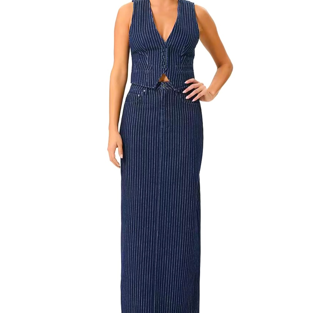NWT AFRM Coordinating Amiri Denim Jacquard Pinstripe Maxi Pencil Skirt